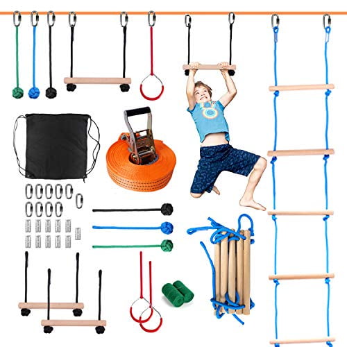 Premkid Ninja Warrior Obstacle Course Slackline for Kids 40 Foot Monkey Bar Kit with Climbing Rope 8 Hanging Obstacles Training Line for Backyard Garden Park Playground Equipment 